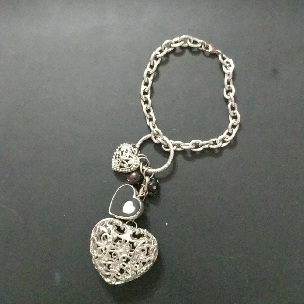 Silver Tone Heart Charm Dangle Chain Statement Bracelet